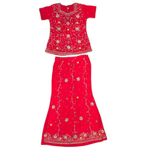 Embellished Red Indian Skirt and Top Sari Set Traditional Wedding Womens Size 30